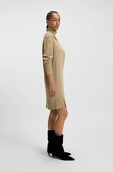 Pокля BOSS Long Split-rollneck Side-slit Sweater Dress in Wool Blend Бежово | 50550493, 1