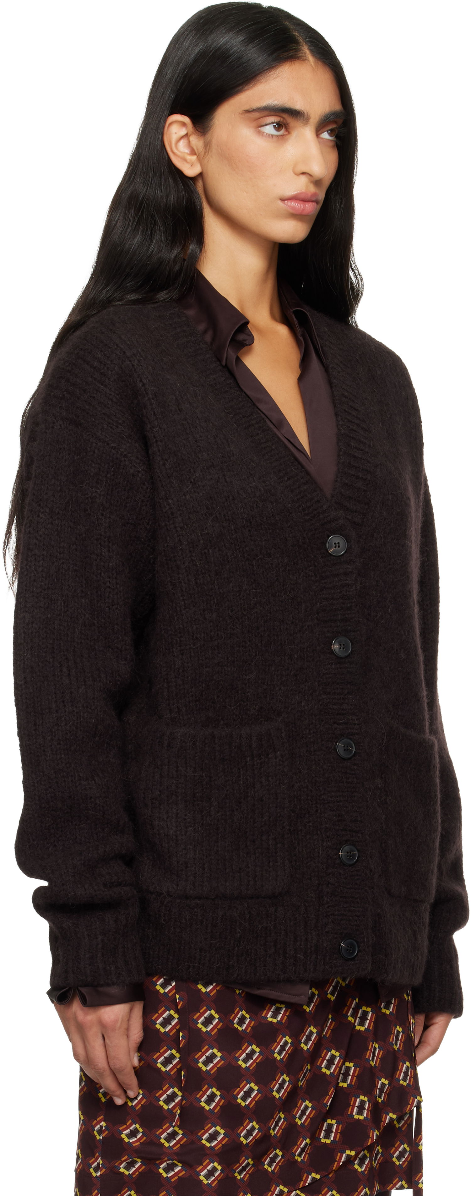 Пуловер Dries Van Noten Dries Van Noten Alpaca V-Neck Cardigan with Patch Pockets Кафяво | 252-011226-2709, 1