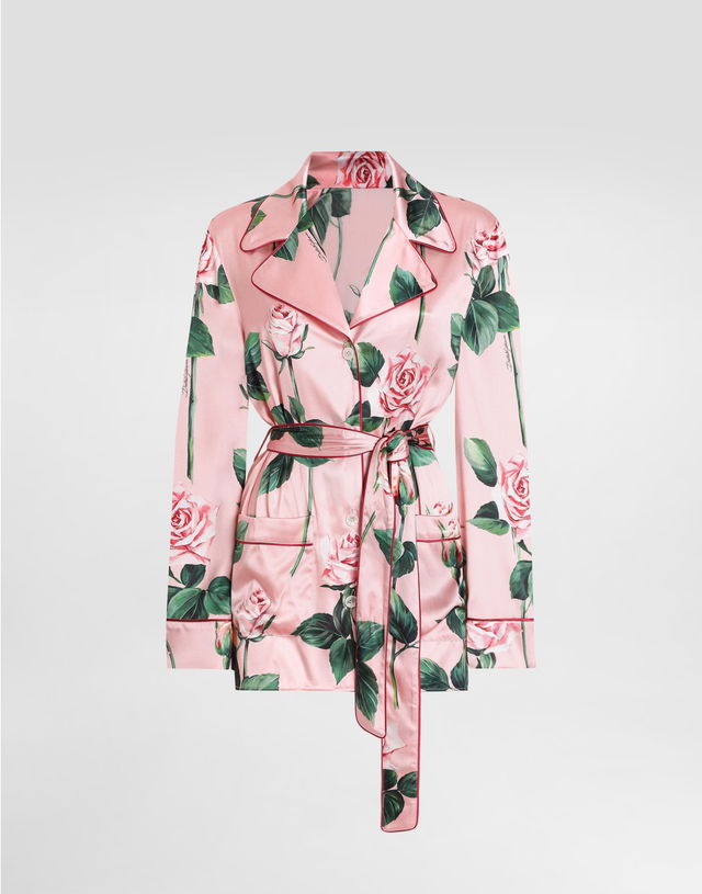 Dolce & Gabbana Rose-Print Satin Pajama Shirt