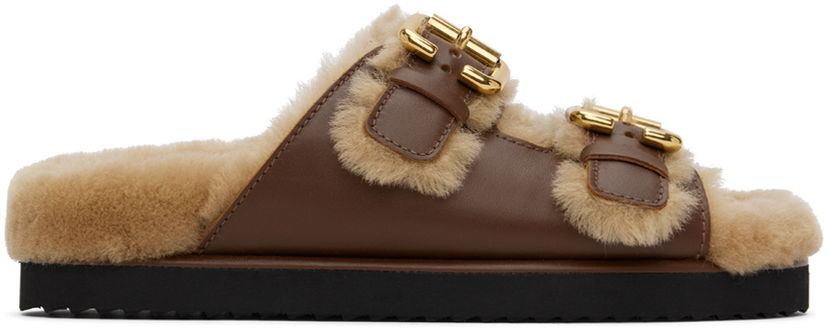 Облекло CHLOÉ Chloé Nil Furry Double Buckle Sandals Кафяво | CHC24W06SOJ
