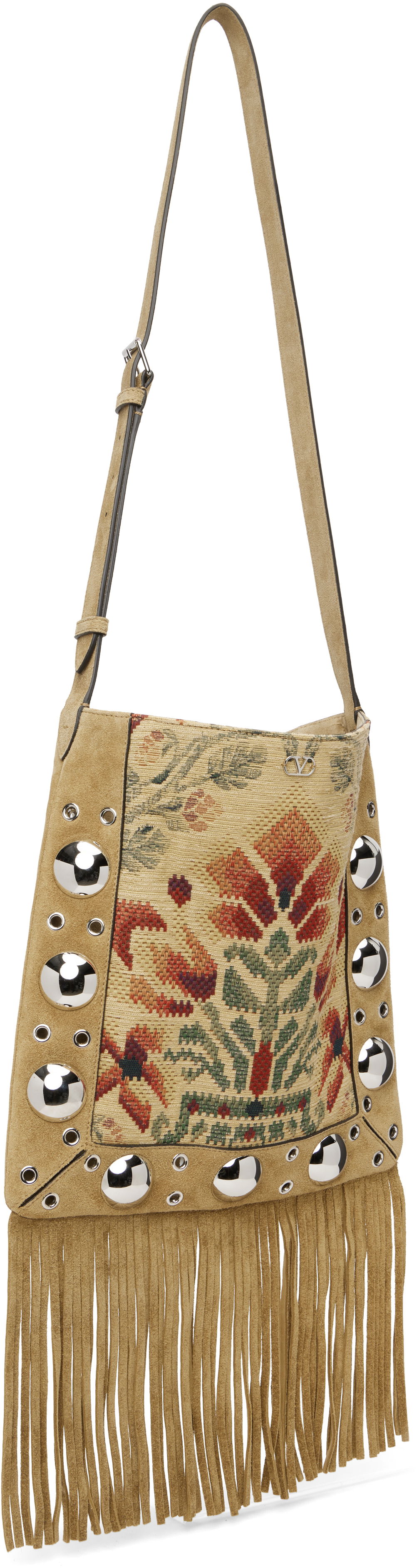 Чанта през рамо Valentino Garavani Nellcôte Jacquard Floral Shoulder Bag with Fringe and Studs Металик | 7W2B0R33JXK, 1