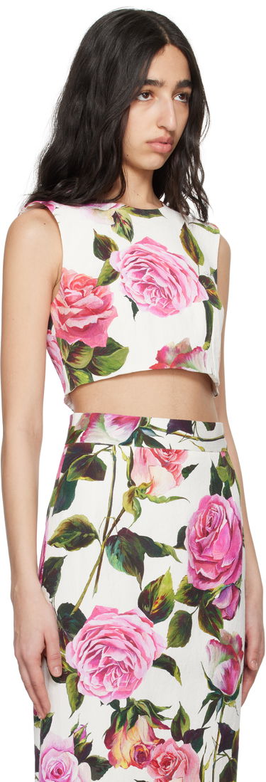 Съкратен топ Dolce & Gabbana Dolce&Gabbana Rose-Print Cotton Jacquard Crop Top Бяло | F7AO5T FSRQJ, 1