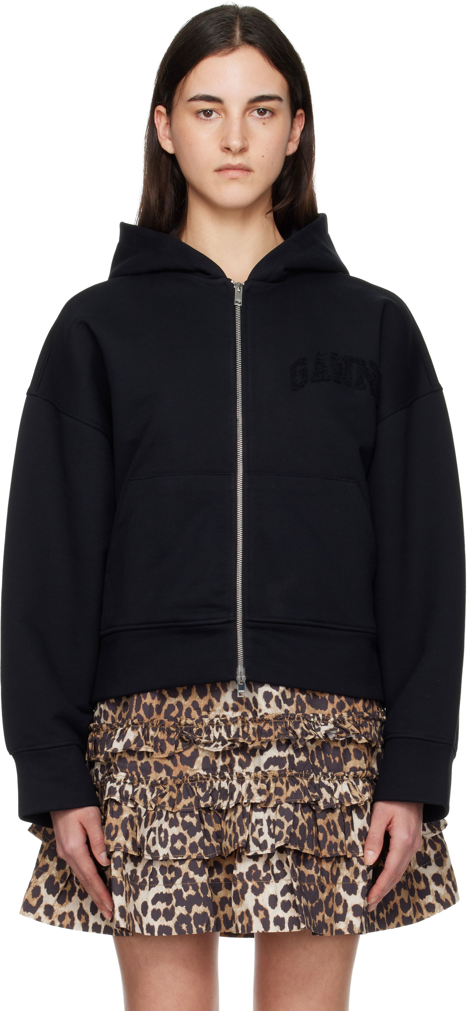 Суитчър GANNI GANNI Two-way Zip Hoodie Черно | T4369, 0