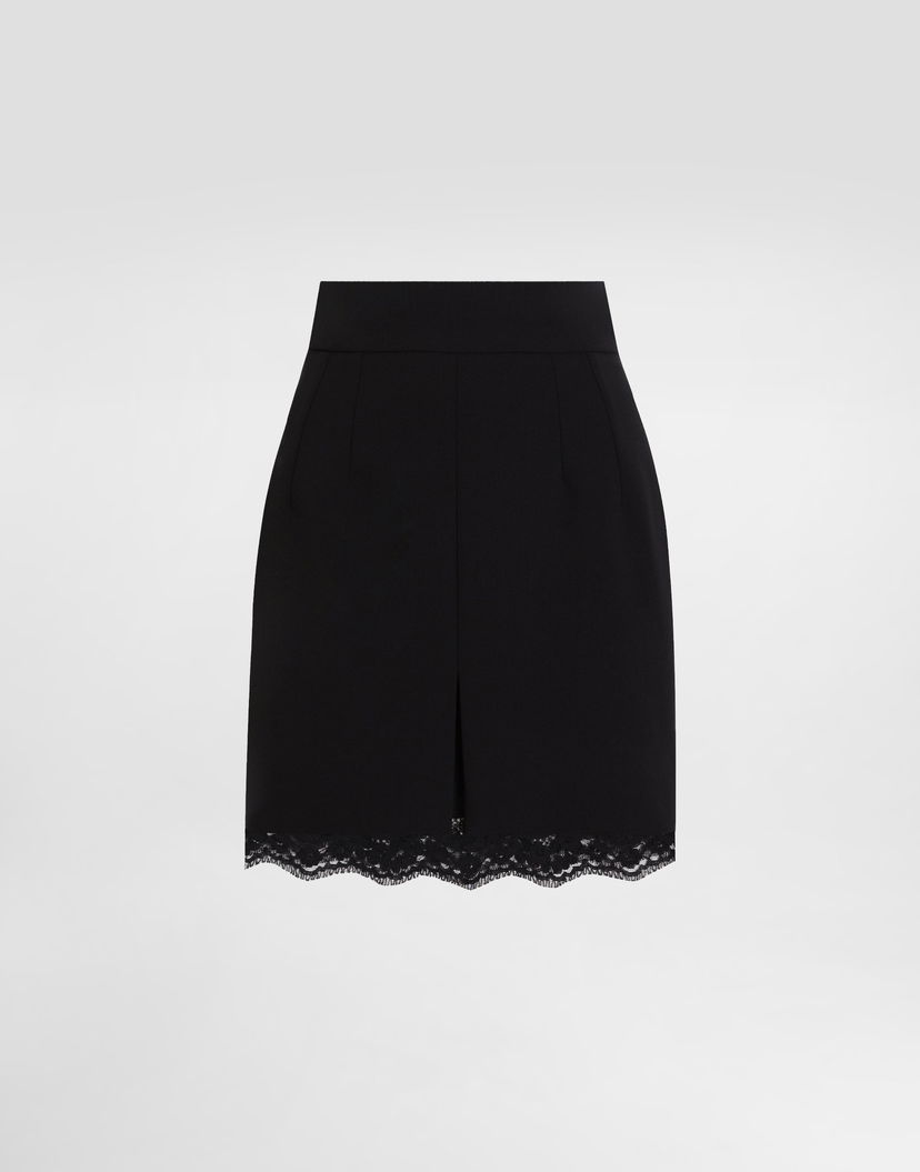 Пола Dolce & Gabbana Dolce & Gabbana Double Crepe Wool Skirt with Lace Trim Черно | F4BS7TFU2L8N0000
