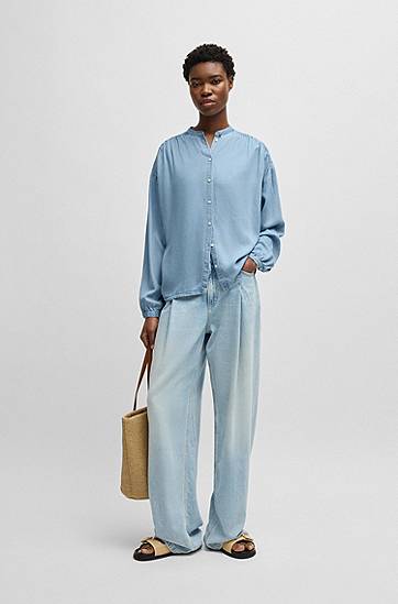 Риза BOSS Relaxed-Fit Denim-Look Blouse Синьо | 50538356, 1