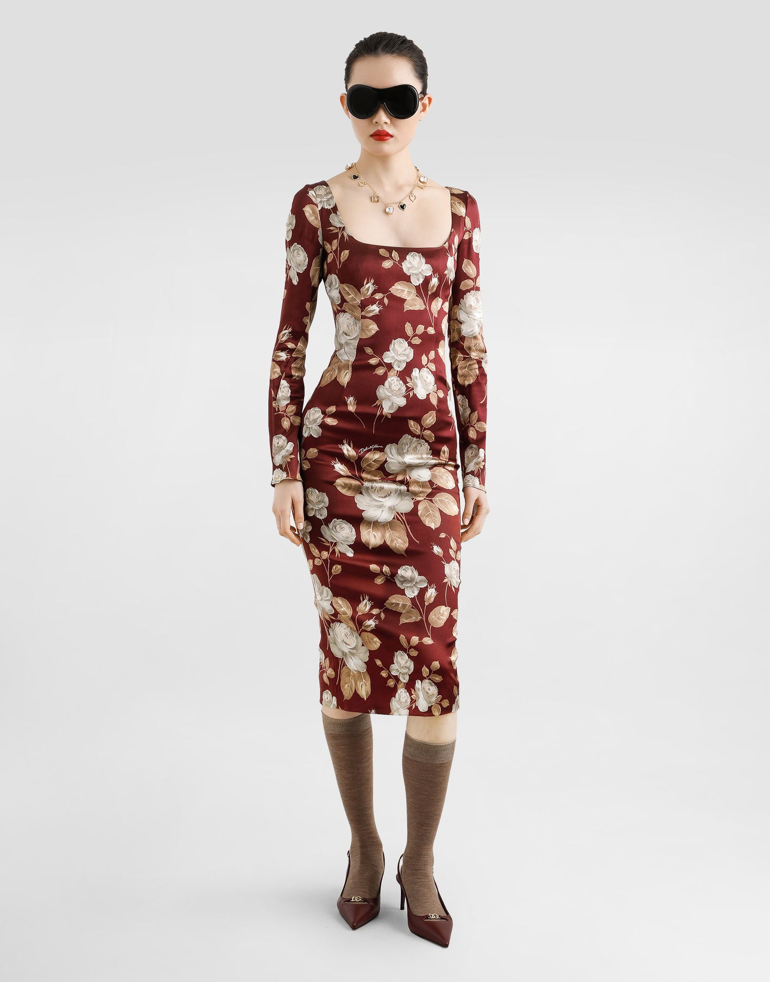Pокля Dolce & Gabbana Dolce & Gabbana Vintage Rose-Print Satin Midi Dress Червено | F6TYGTFSIB8HR5QQ, 1