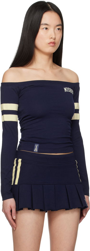 Съкратен топ MISBHV MISBHV Varsity Off-Shoulder Longsleeve T-Shirt Тъмно синьо | 250W125, 1