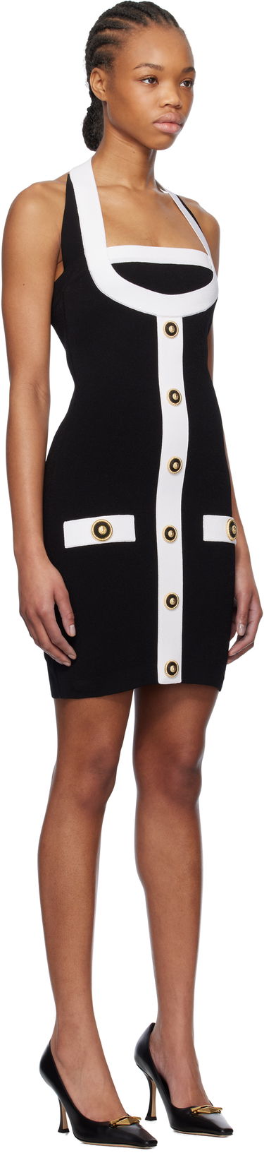 Pокля Balmain Balmain Two-Tone Halterneck Knit Mini Dress Черно | EF1R2390KH99, 1