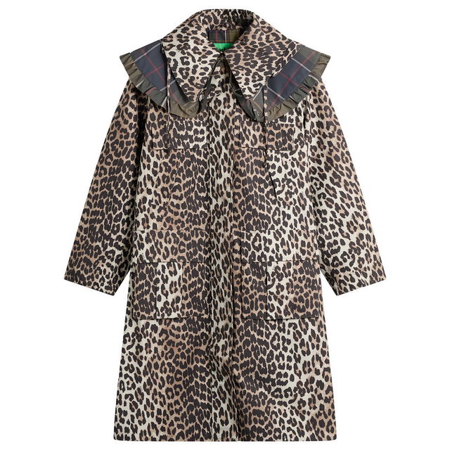 Barbour x GANNI Leopard Print Waterproof Parka Jacket with Ruffled Plaid Collar