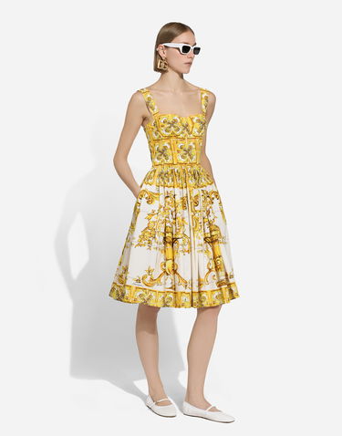 Pокля Dolce & Gabbana Majolica Print Cotton Poplin Midi Corset Dress Жълто | F6ADLTHH5A0HG3TN, 2