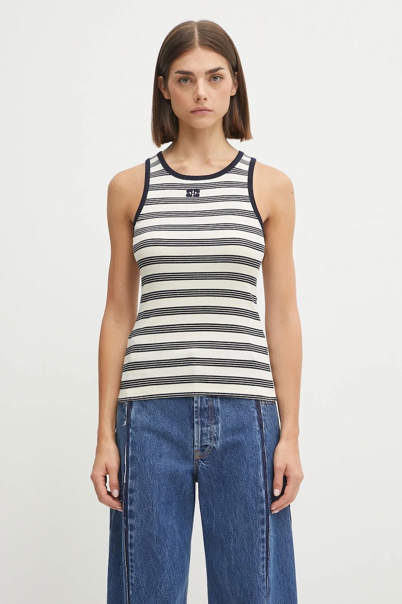 Потник GANNI GANNI Women's Striped Soft Cotton Rib Tank Top Бяло | T4144