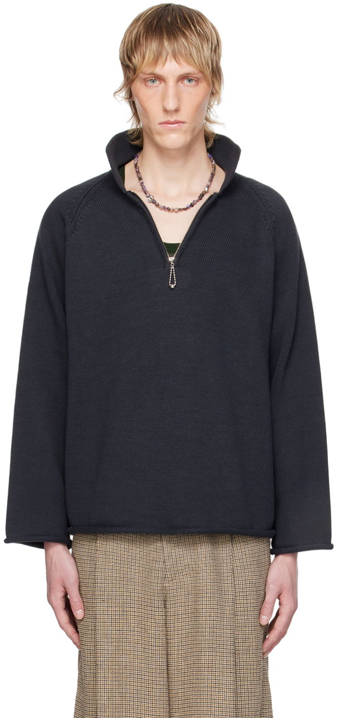 Пуловер Bode Rib Knit Quarter-Zip Sweatshirt Черно | MRS24KT022, 0