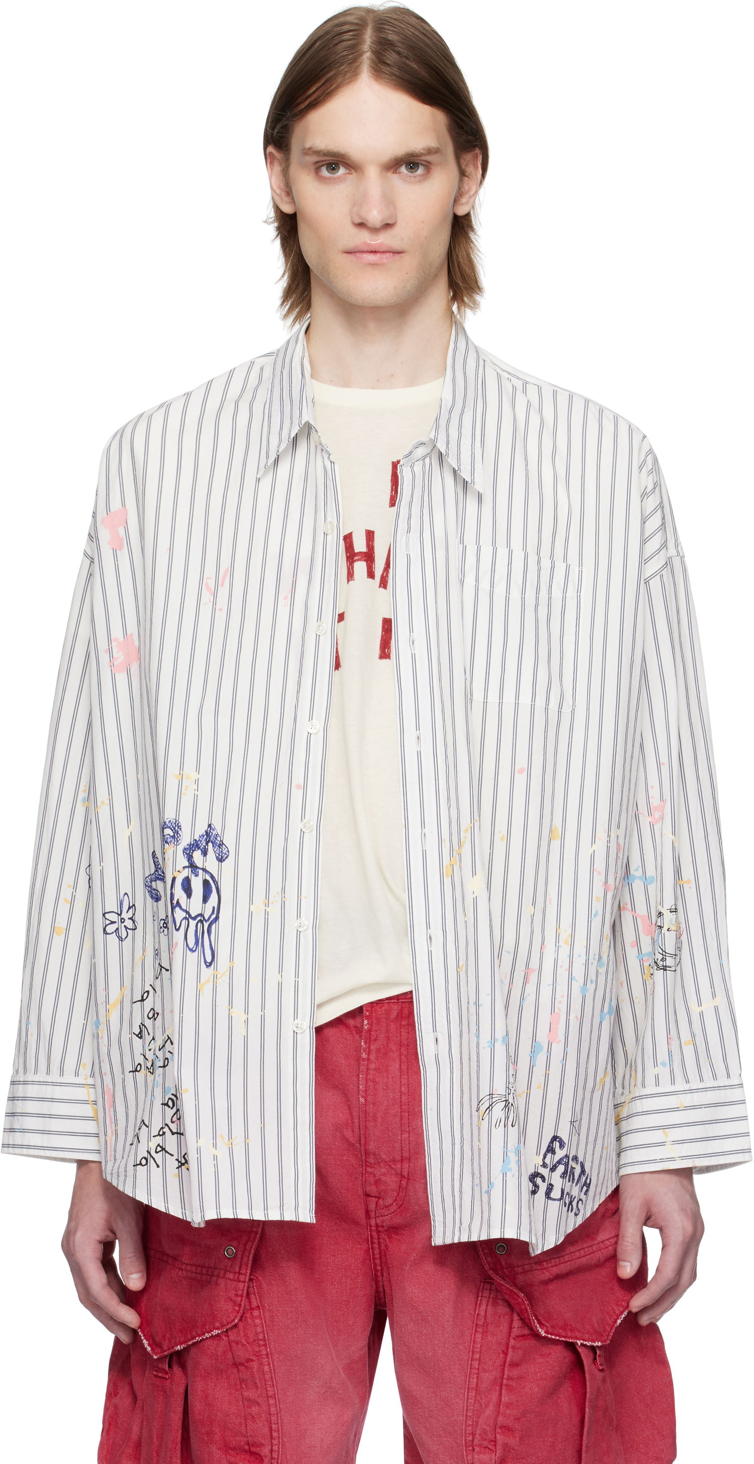 Риза R13 R13 Drop Neck Striped Shirt Бяло | R13MR004-R486B, 0