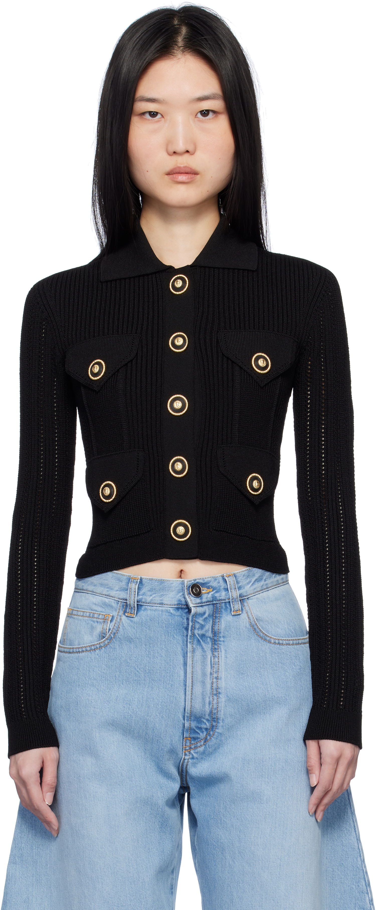 Пуловер Balmain Cropped Ribbed Cardigan Черно | EF1KL150KI10, 0