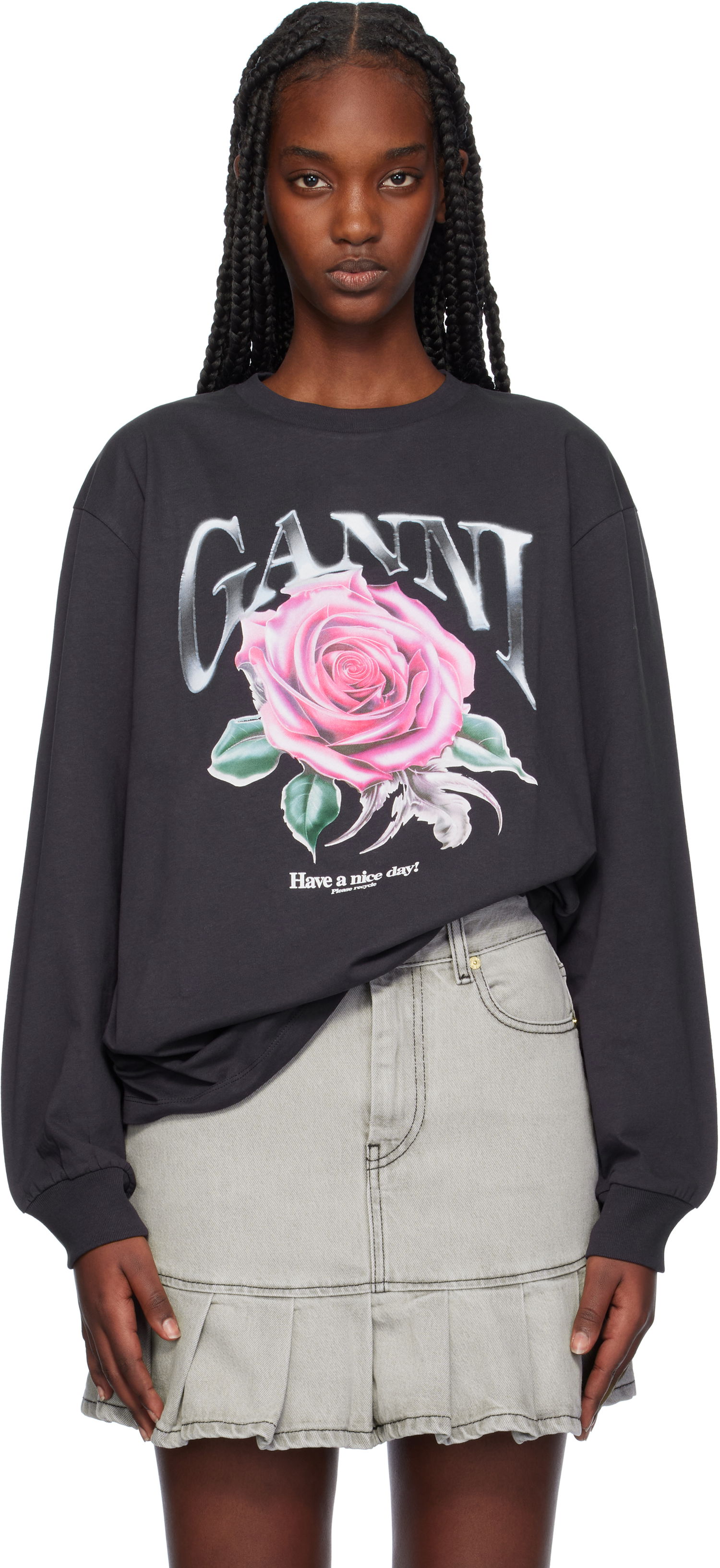 Тениска GANNI Relaxed Rose Graphic T-Shirt Черно | T4025, 0