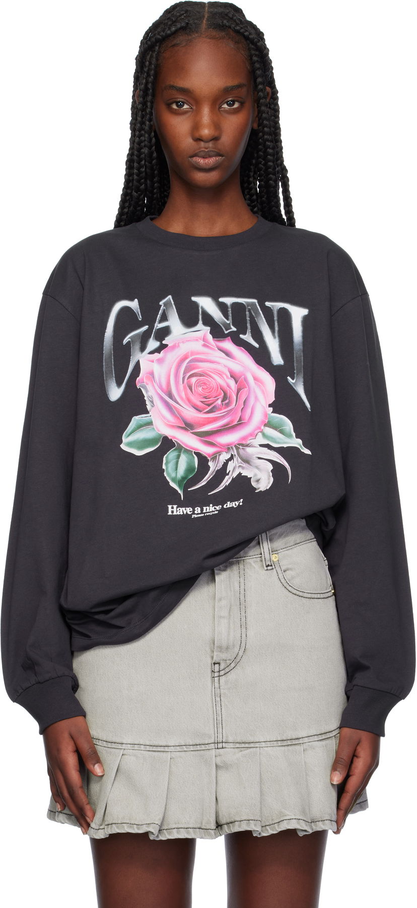 Тениска GANNI Relaxed Rose Graphic T-Shirt Черно | T4025