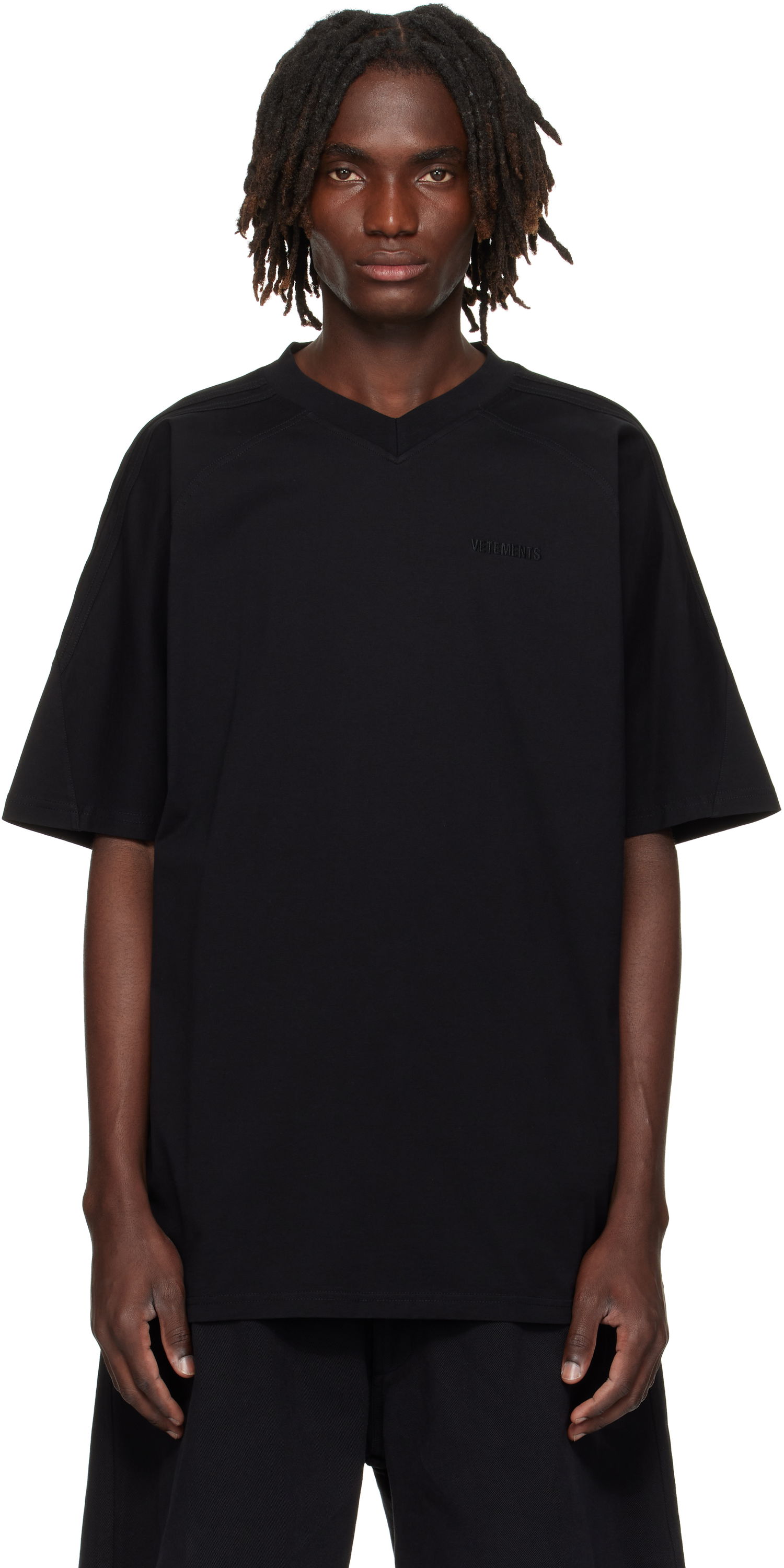 Тениска VETEMENTS Cut-Up V-Neck T-shirt Черно | UH76TR260B, 0