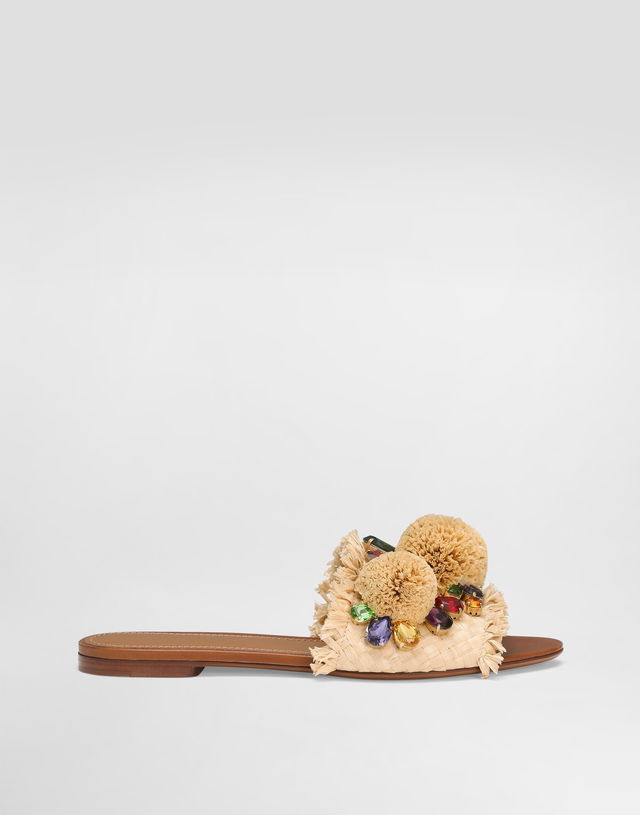 Dolce & Gabbana Braided Fringed Raffia Slide Sandals with Pompoms and Jewels