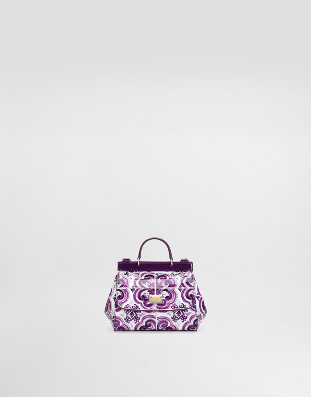 Dolce & Gabbana Sicily Polished Calfskin Handbag with Majolica Print