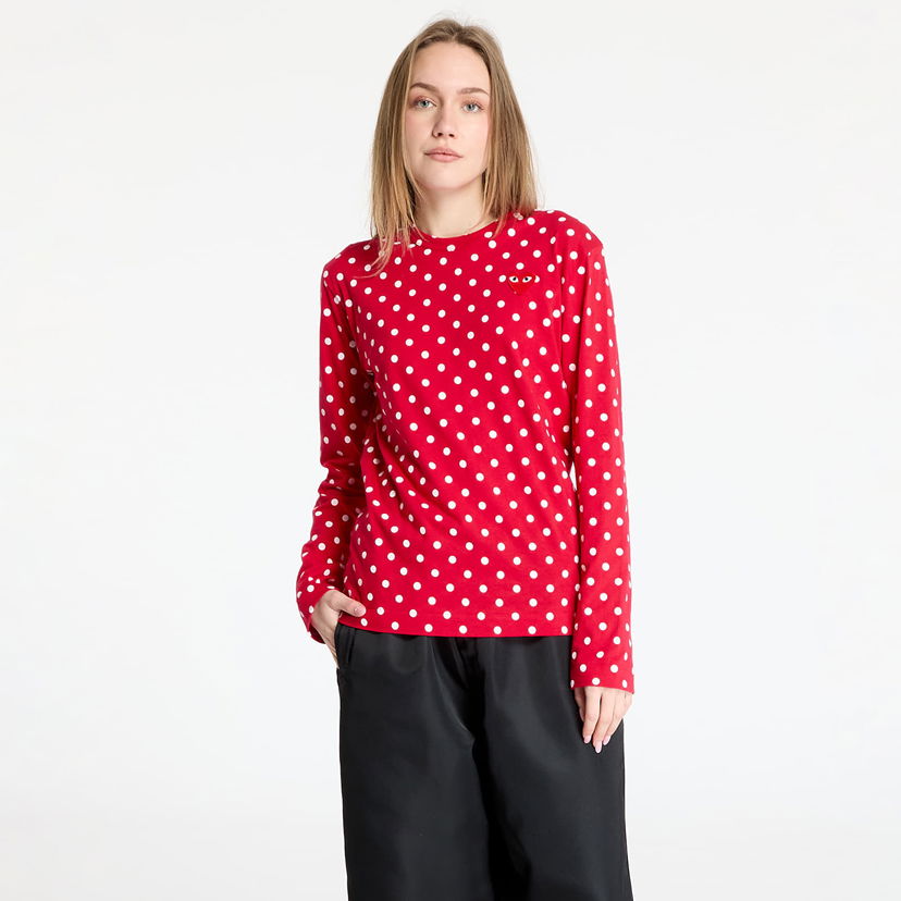 Тениска Comme des Garçons Play Heart Logo Long Sleeve Dotted T-Shirt Червено | AX-T166 RED