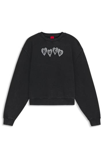 Суитчър BOSS Cropped cotton-terry sweatshirt with embroidered HUGO heart logo Черно | 50555824, 0