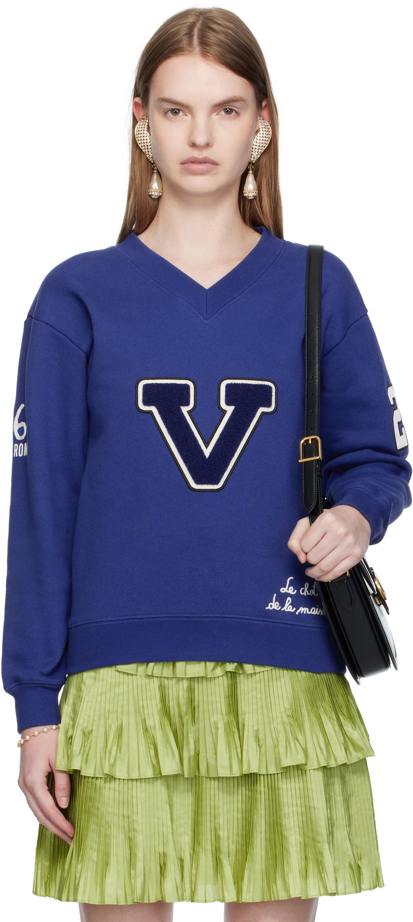 Суитчър Valentino Valentino Embroidered Cotton V-Neck Sweatshirt Синьо | 7B3MF24V9KY