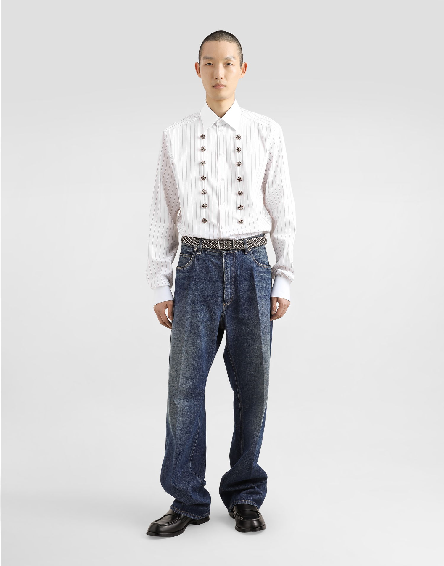 Риза Dolce & Gabbana Dolce & Gabbana Striped Cotton Shirt with Jeweled Buttons Бяло | G5MM4ZFR50NS8051, 1