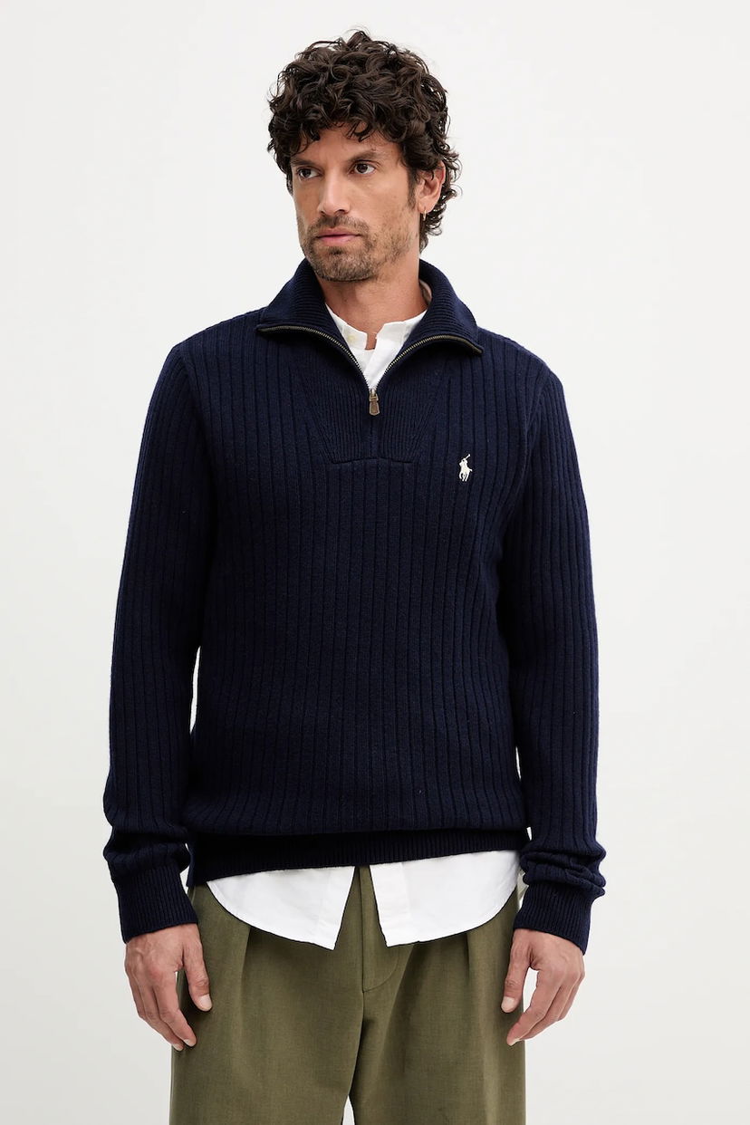 Пуловер Polo by Ralph Lauren Ribbed Quarter-Zip Sweater Тъмно синьо | 710974167