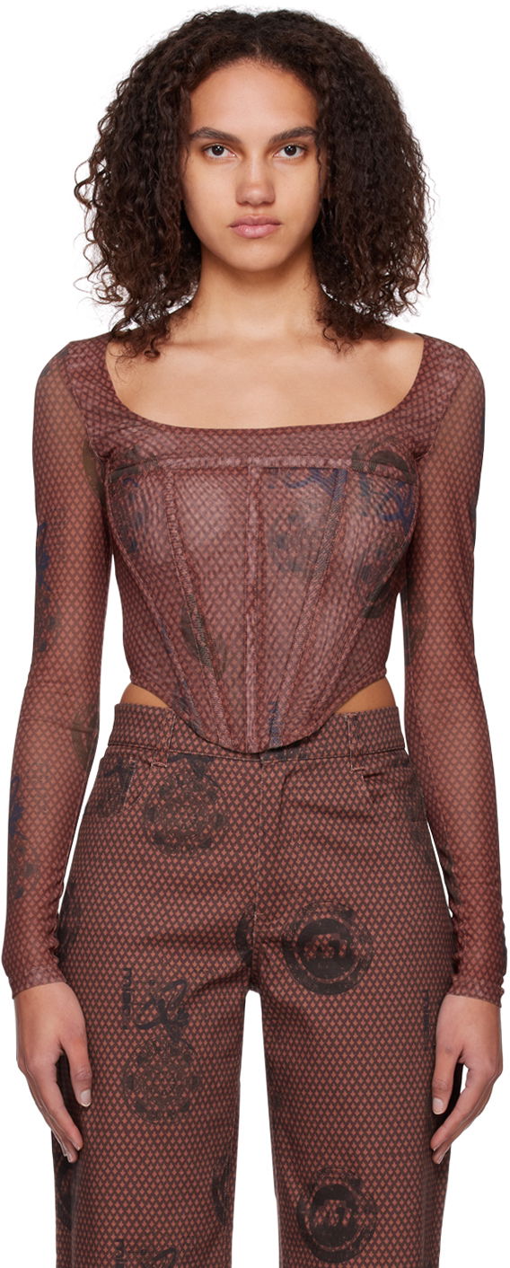 Съкратен топ Miaou Miaou Maude Long Sleeve Corset Top Кафяво | 7065PM1ATL, 0
