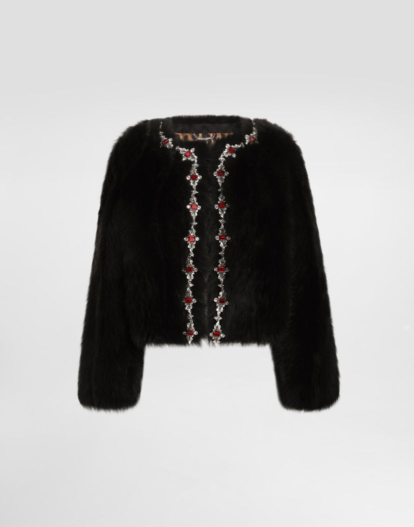 Яке Dolce & Gabbana Dolce & Gabbana Fluffy Sheepskin Jacket with Crystal Inlay Черно | F27GEZFUPFQM1512