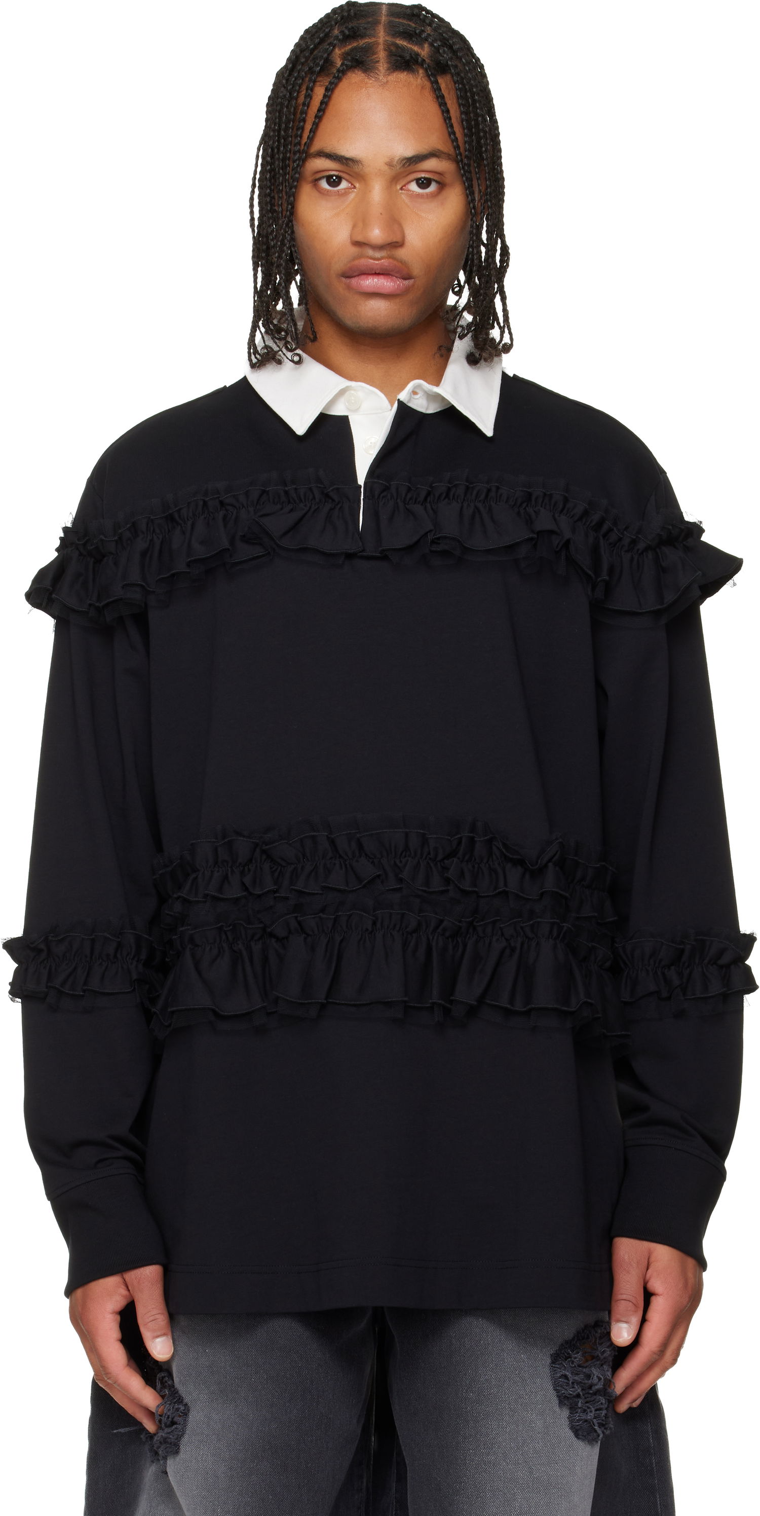 Поло тениска Simone Rocha Simone Rocha Ruffle Rugby Polo Черно | 5360 1282, 0