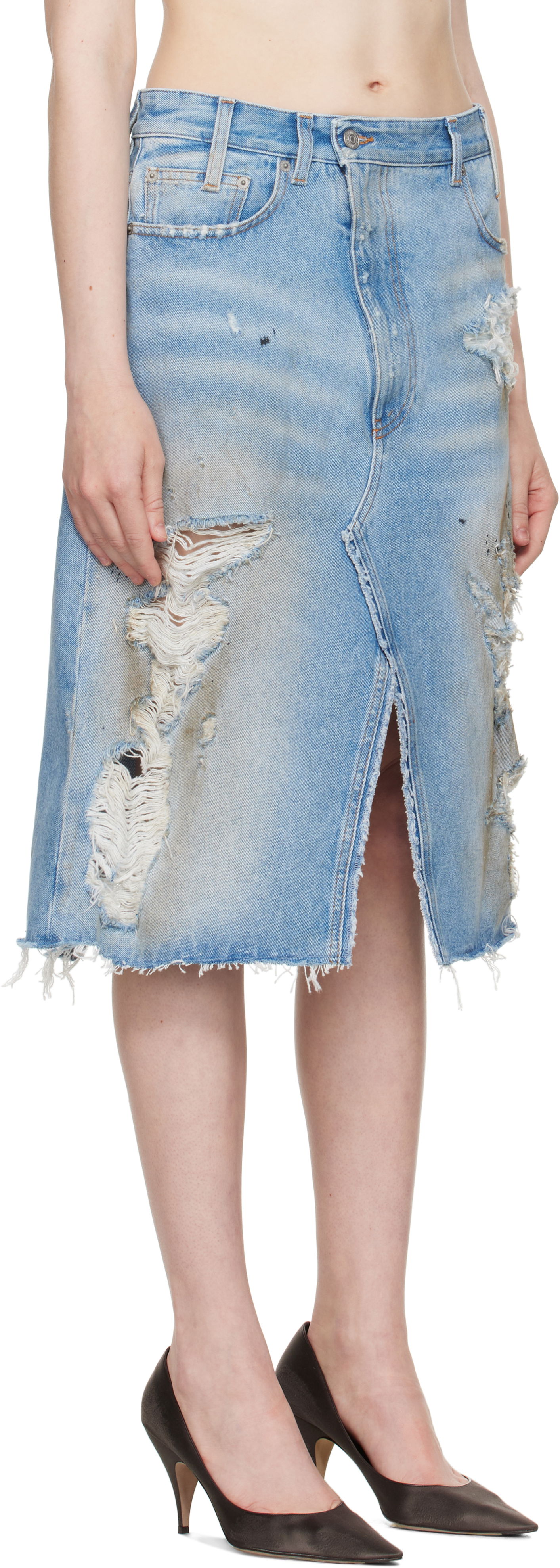 Пола Maison Margiela MM6 Maison Margiela Distressed Denim Midi Skirt Синьо | S62MI0034 M30018, 1