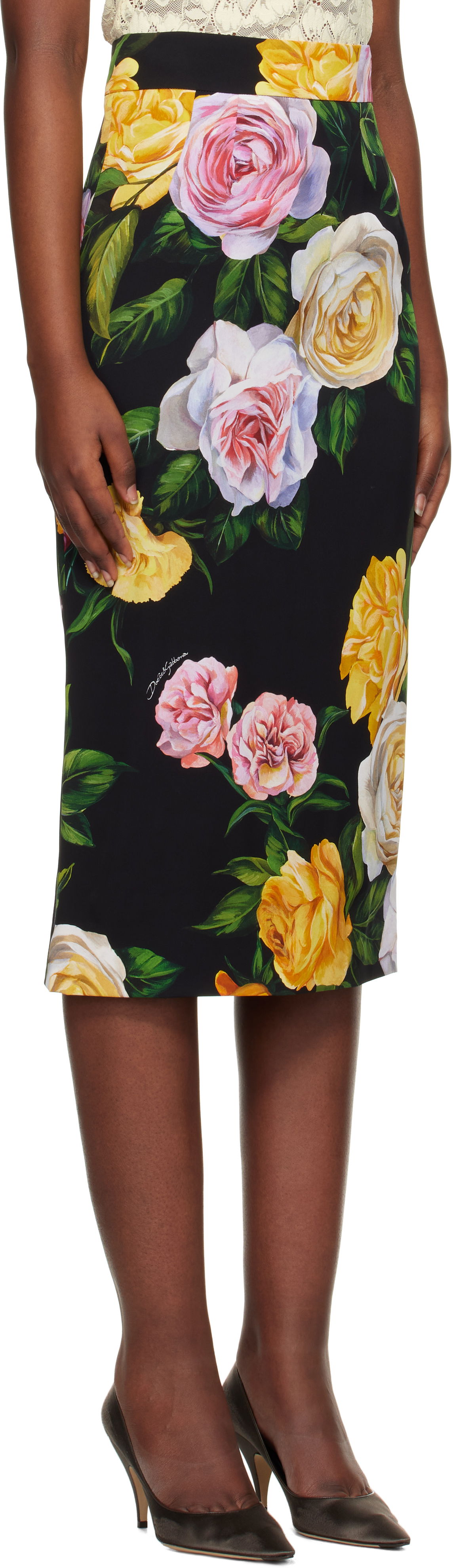 Пола Dolce & Gabbana Dolce&Gabbana Peony & Rose-Print Midi Skirt Черно | F4B6UT FSA7B, 1