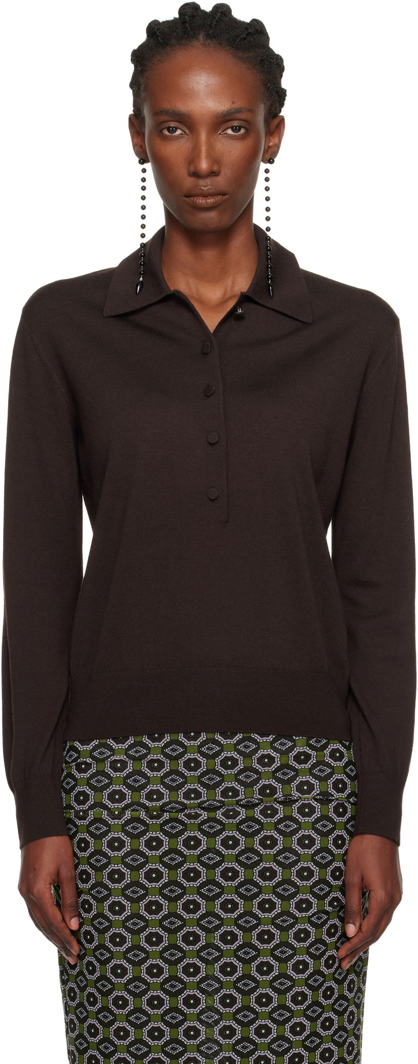 Поло тениска Dries Van Noten Long-Sleeve Wool Polo Кафяво | 252-011203-2700