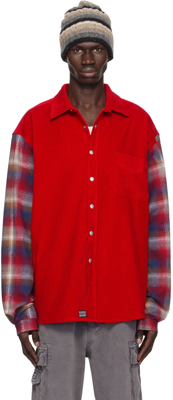 Риза ERL Corduroy Overshirt with Plaid Sleeves Червено | ERL09B005, 0