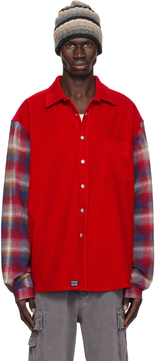 Риза ERL Corduroy Overshirt with Plaid Sleeves Червено | ERL09B005