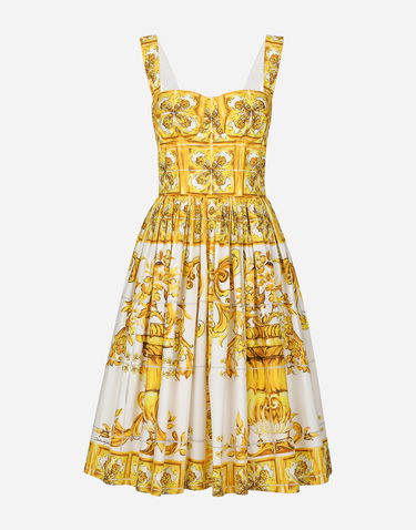 Pокля Dolce & Gabbana Majolica Print Cotton Poplin Midi Corset Dress Жълто | F6ADLTHH5A0HG3TN, 0