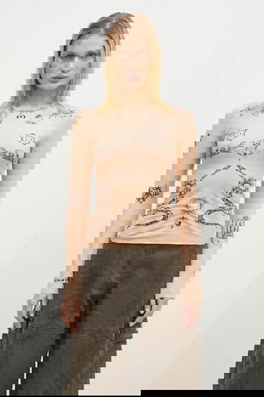 Тениска Marine Serre Marine Serre Tattoo Printed Jersey Second Skin Crewneck Top Бежово | WTS006A.CJER0059, 0