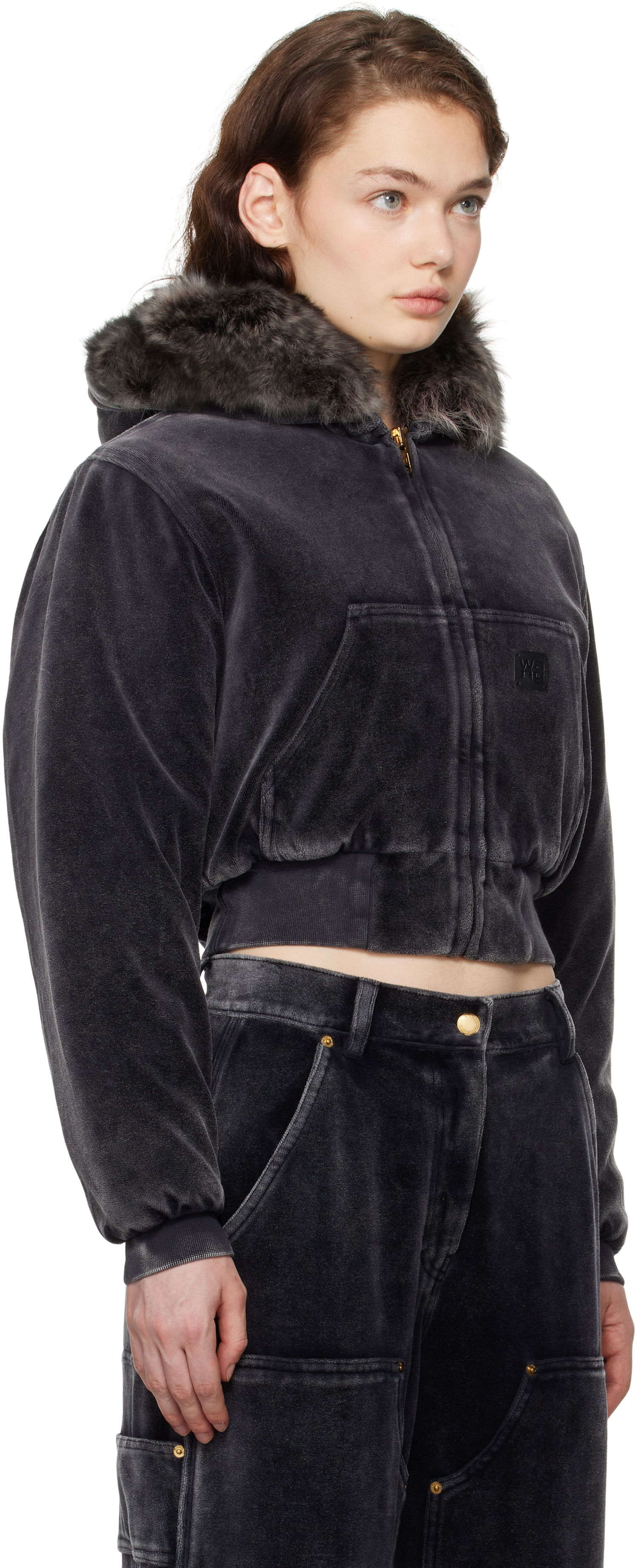 Суитчър Alexander Wang Velour Workwear Shearling Trim Jacket Черно | 4CC4242106, 1