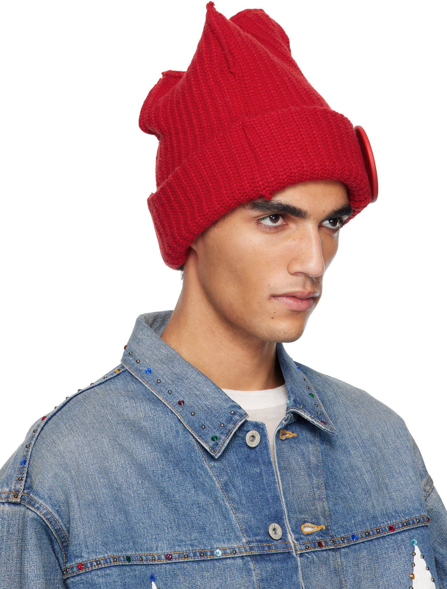 Шапка Charles Jeffrey Loverboy LOVERBOY Rib Knit Peak Beanie with Button Detail Червено | 052130604, 1