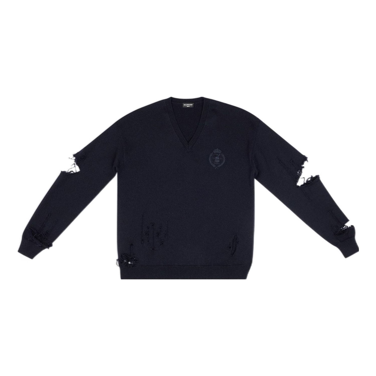 Пуловер Balenciaga Destroyed V-Neck Knit Sweater Тъмно синьо | 696091T16420414, 0
