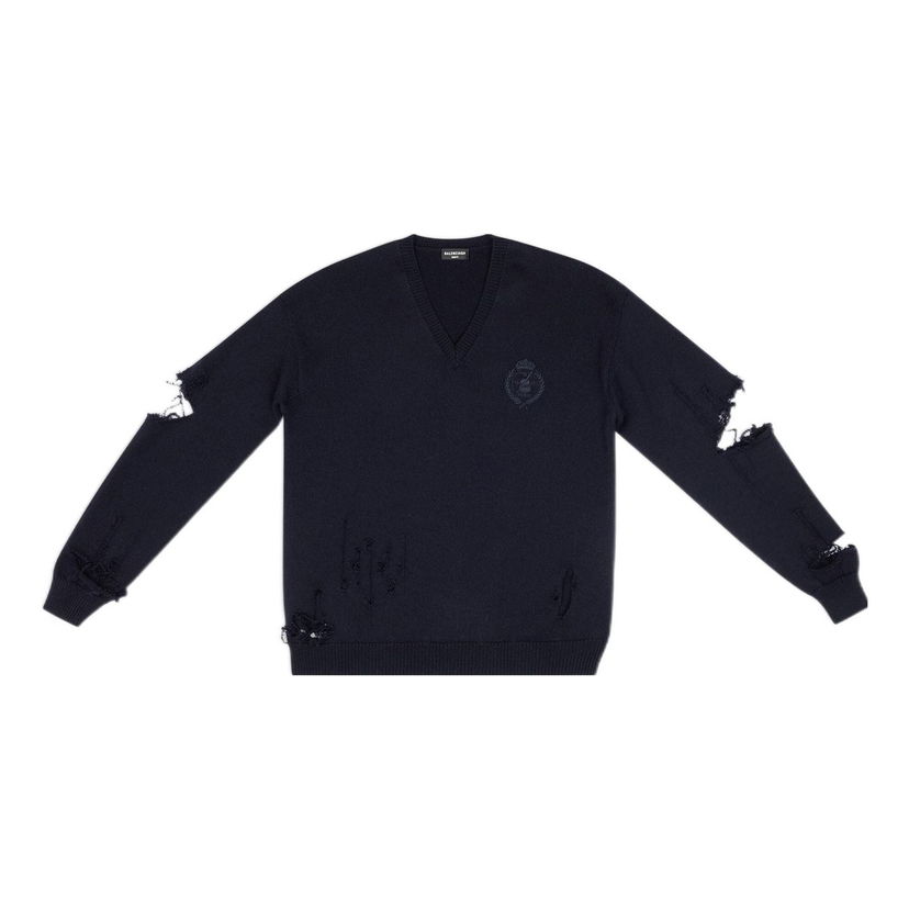 Пуловер Balenciaga Destroyed V-Neck Knit Sweater Тъмно синьо | 696091T16420414