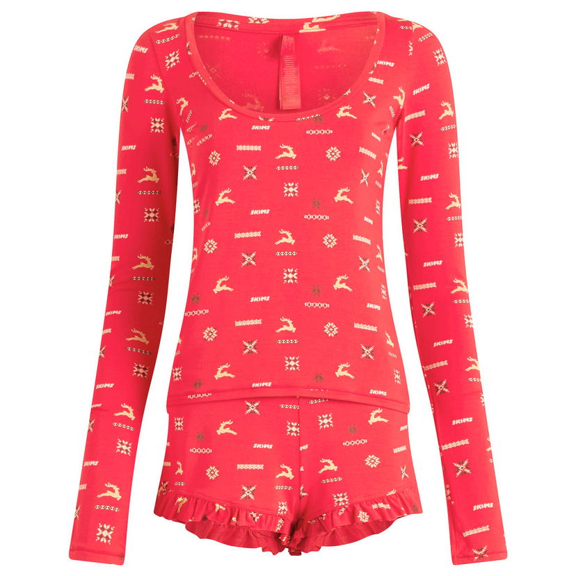 Пижама SKIMS Long Sleeve Scoop Neck Pajama Top and Ruffle Short Set with Vintage Deer Print Червено | ST-SST-9968W-CVD