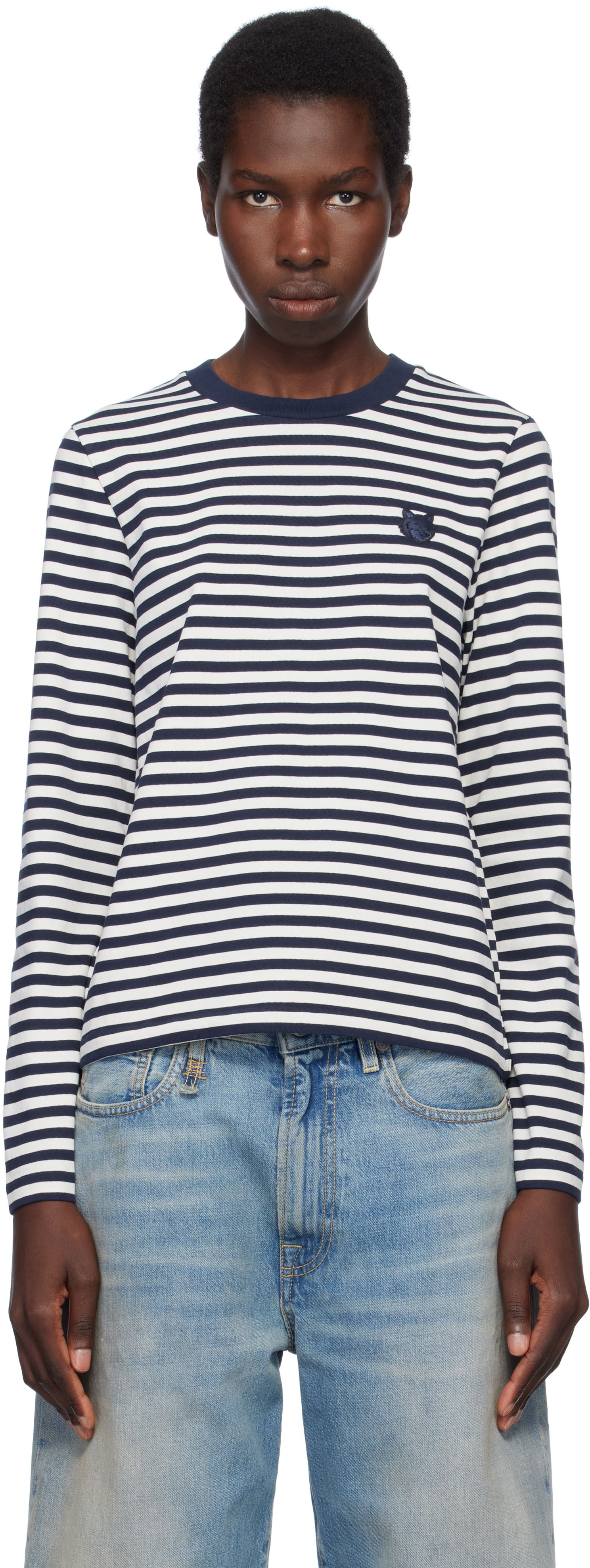 Тениска MAISON KITSUNÉ Maison Kitsuné Fox Head Patch Striped T-Shirt Тъмно синьо | OW00111KA0026, 0