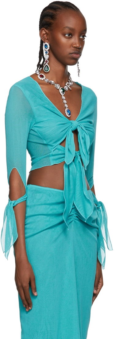 Съкратен топ Anna Sui Tie-Front Long Sleeve T-Shirt Тюркоазено | 522C24, 1
