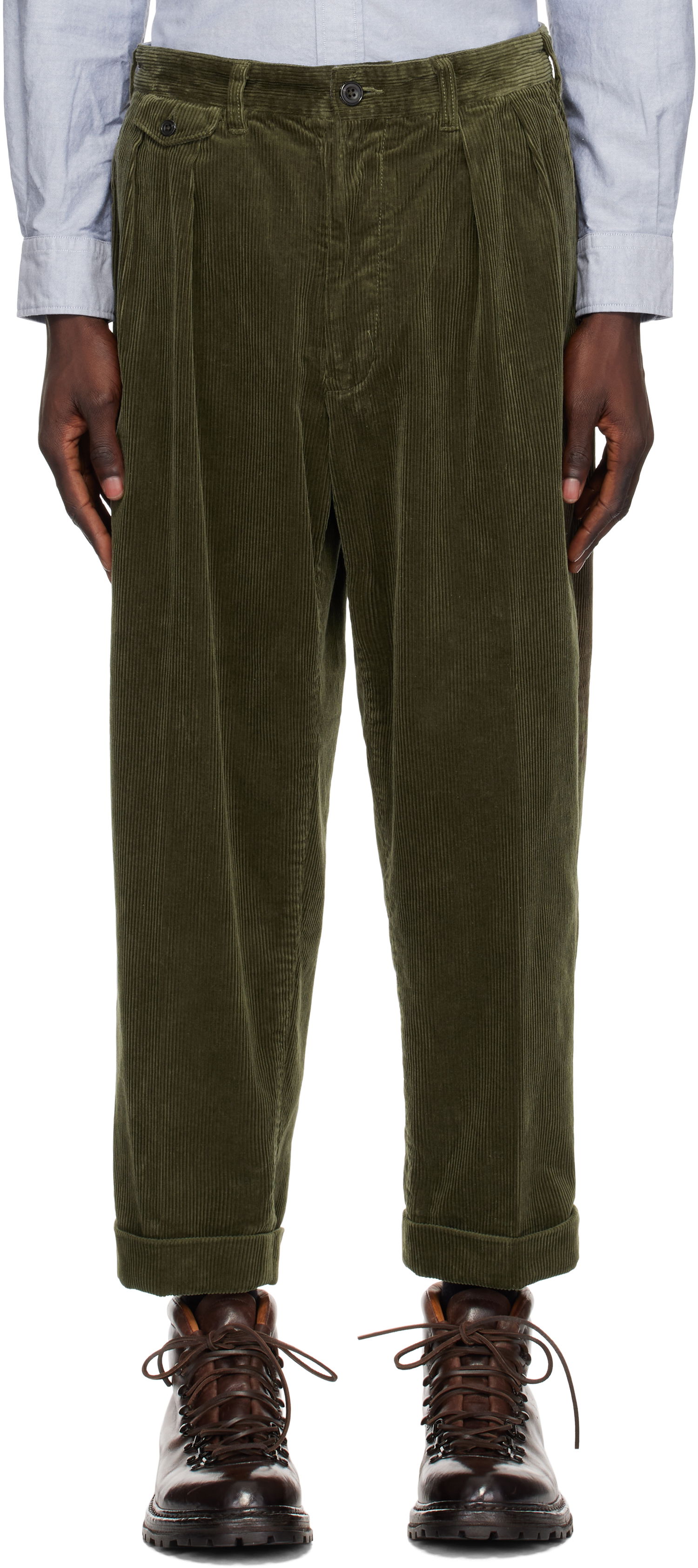 Панталони BEAMS BEAMS PLUS 2 Pleats Corduroy Trousers Зелено | 38230099874, 0