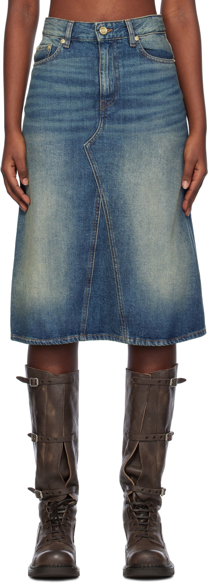 Пола GANNI Heavy Washed Denim Midi Skirt Синьо | J1561