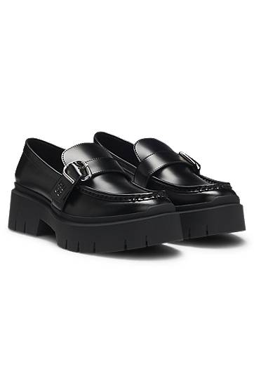 Аксесоари BOSS Leather Loafers with Buckled Strap Черно | 50548196, 0