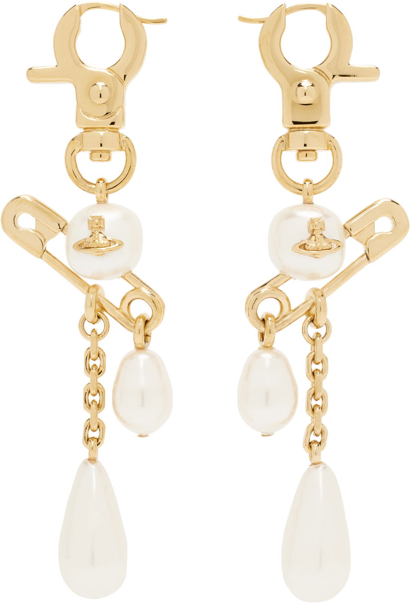 Обеци Vivienne Westwood Long Pearl Drop Earrings with Safety Pins Металик | 6202016C-02R107-