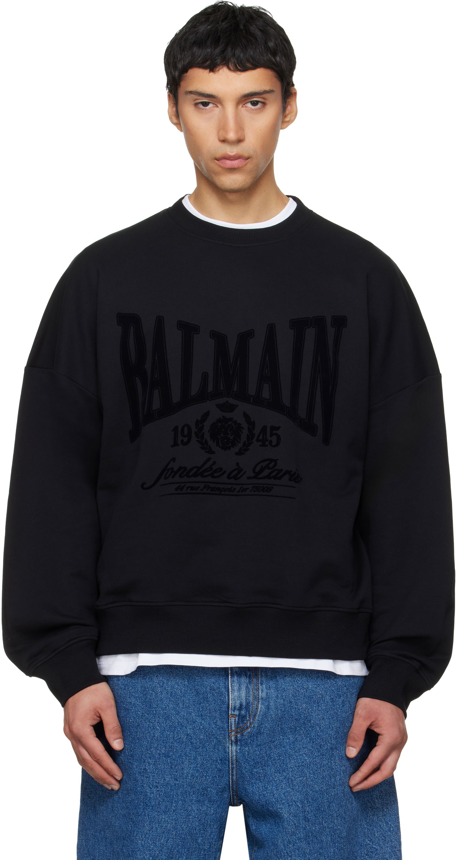 Суитчър Balmain Printed 1945 Crest Cotton Sweatshirt Черно | GH1JS191GF46, 0